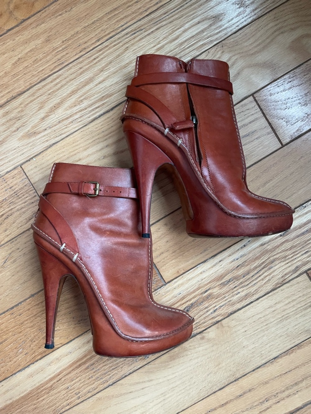 Givenchy Tan Brown Oiled Leather Platform Belted Ankle Booties 38 IT 8 US